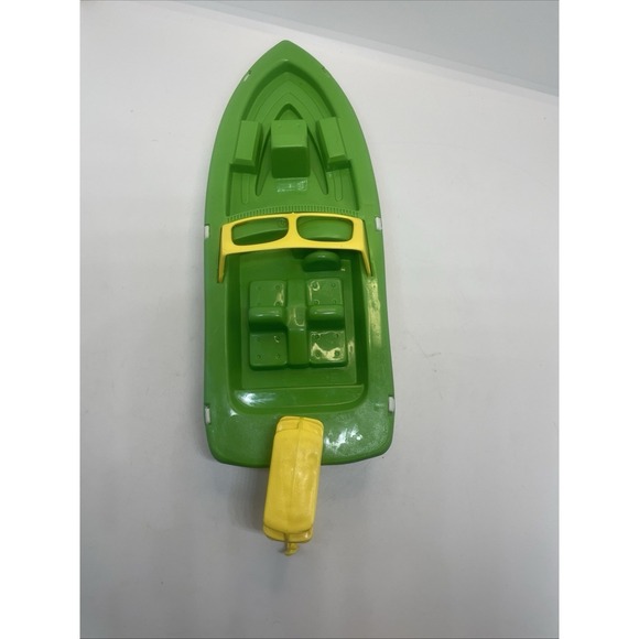 Vintage Processed Plastics Co speed boat motor boat, green & white & yellow, 11" - Picture 7 of 13